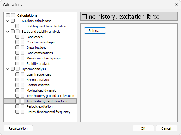 Time history, excitation force