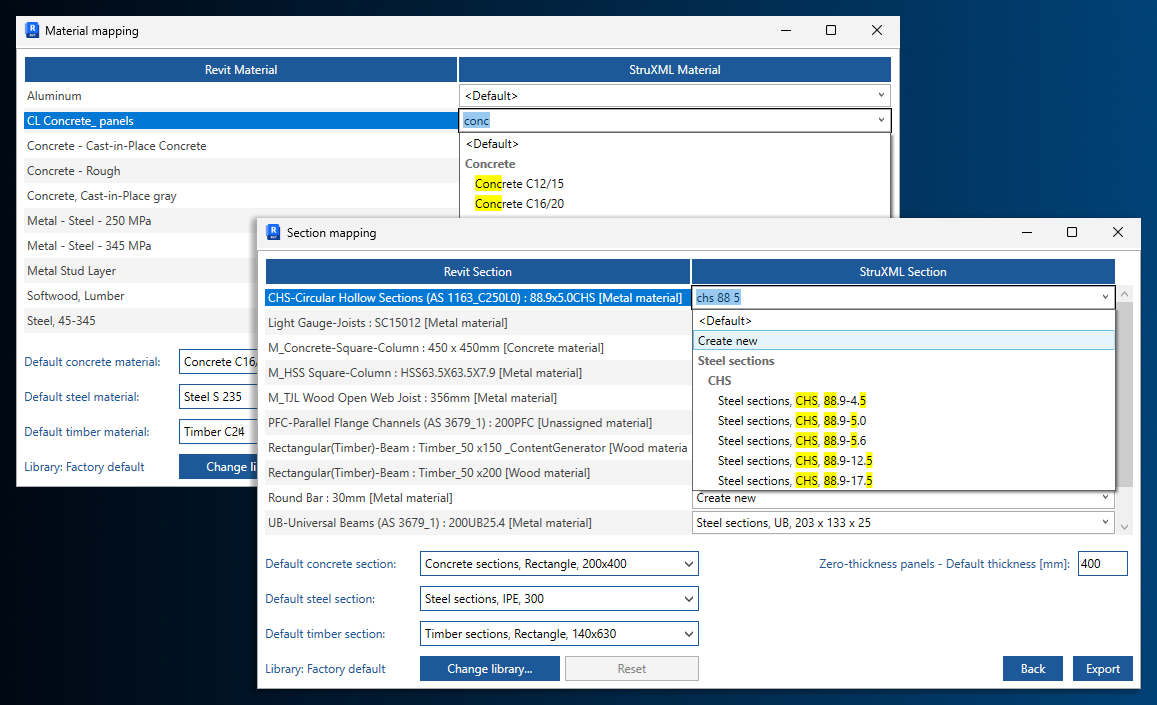 Export dialog's Material and Section mapping tabs