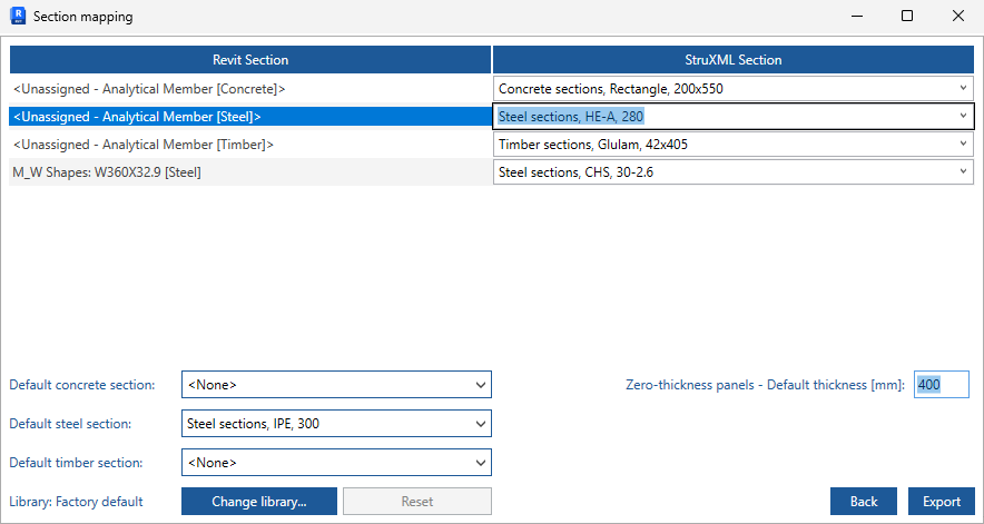 Export dialog's Section mapping tab