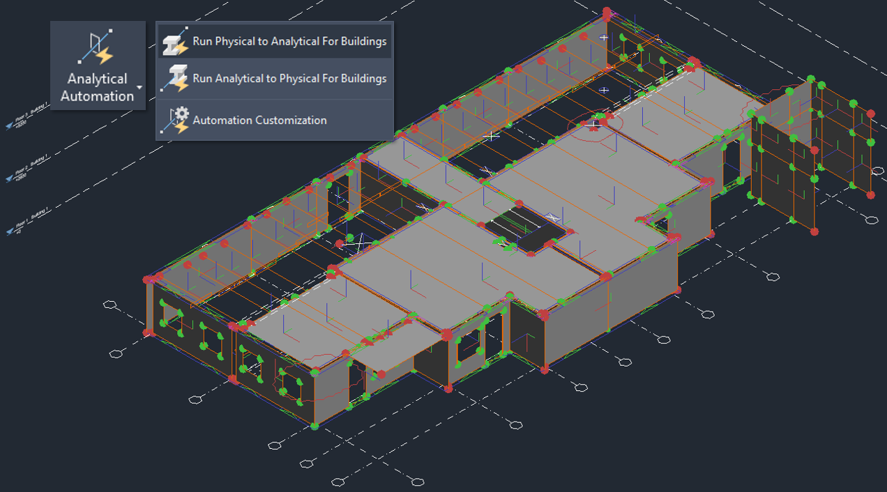 Revit model with analytical automation menu