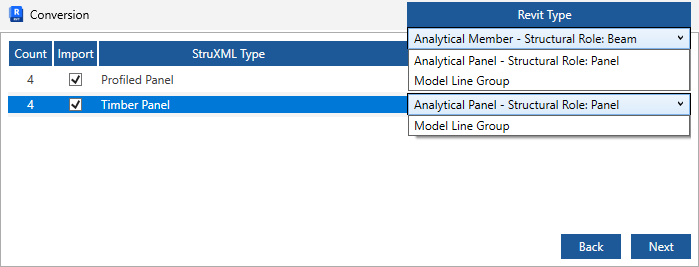 Import dialog's conversion options for profiled and timber panels