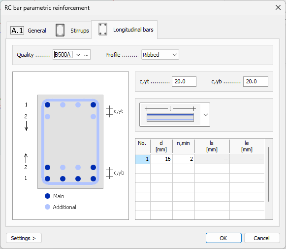 Default settings dialogue longitudinal bars
