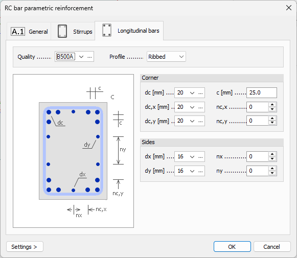 Default settings dialogue Column-like longitudinal reinforcement