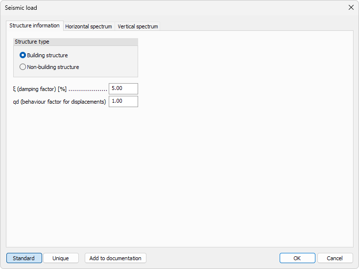 Seismic load structure information dialogue window