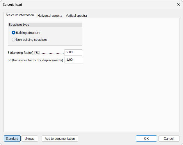 Seismic load structure information dialogue window