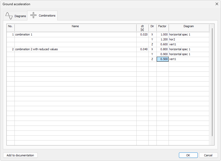 Ground acceleration combination dialogue window