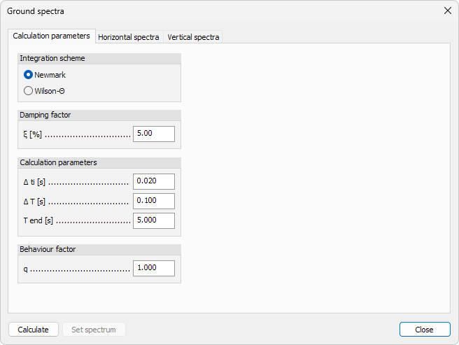 Seismic load vertical spectra dialogue window