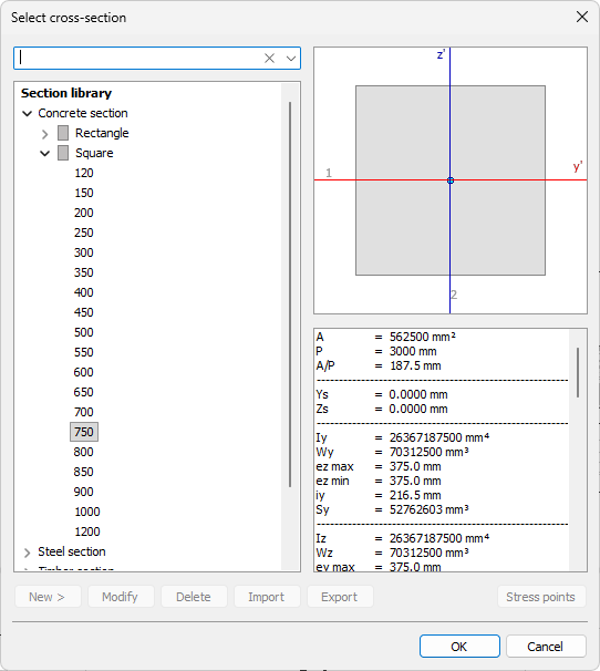 Select cross-section dialog