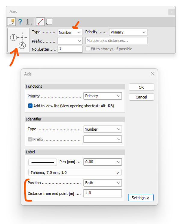 Axis toolbar and Axis dialog