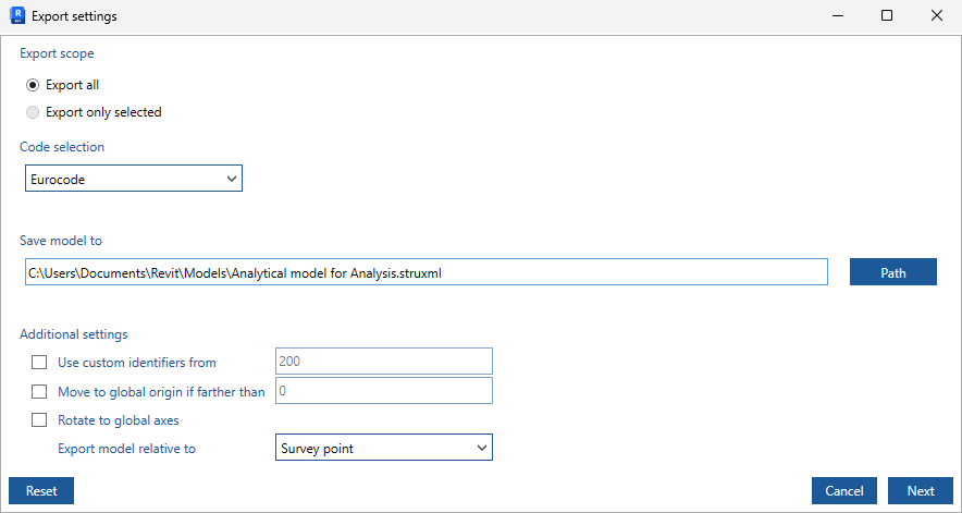 Export StruXML dialog in Revit