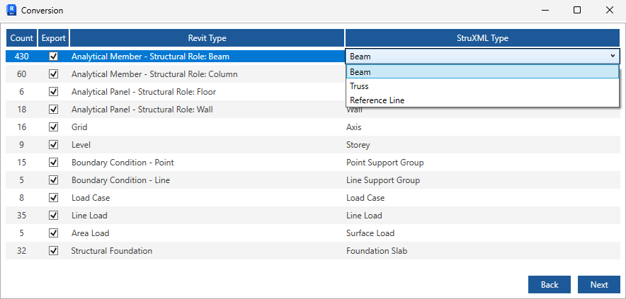 Export StruXML dialog's Conversion tab in Revit