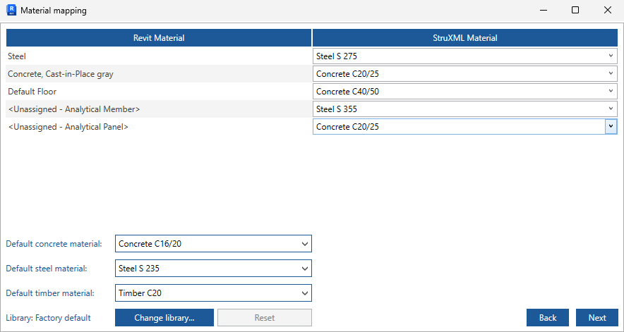Export StruXML dialog's Material mapping tab in Revit