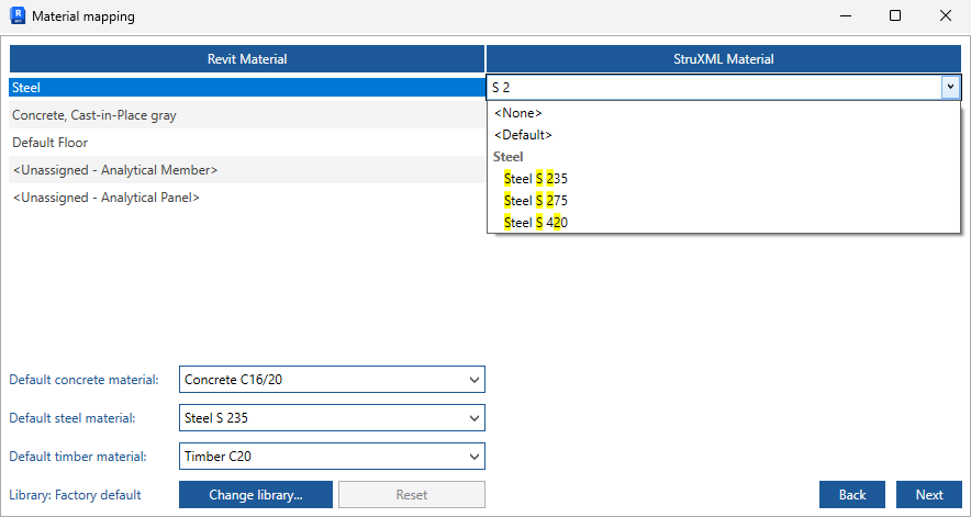 Export StruXML dialog's Material mapping tab in Revit