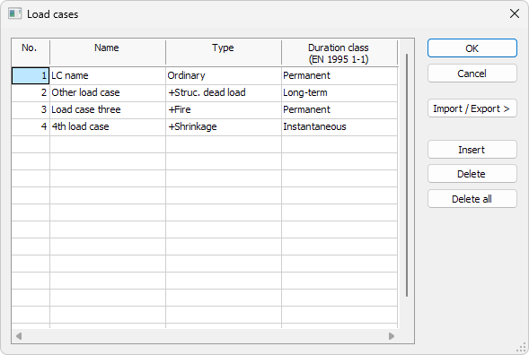 Load cases dialogue window