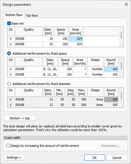 Reinforcement parameters for shells