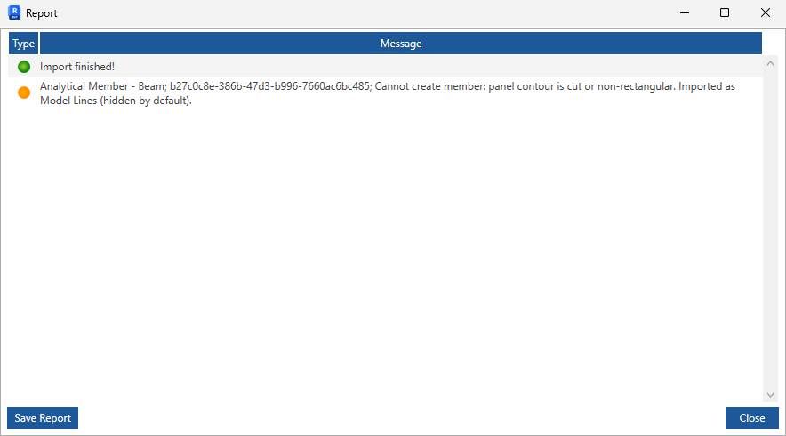 Import StruXML dialog's Report tab in Revit