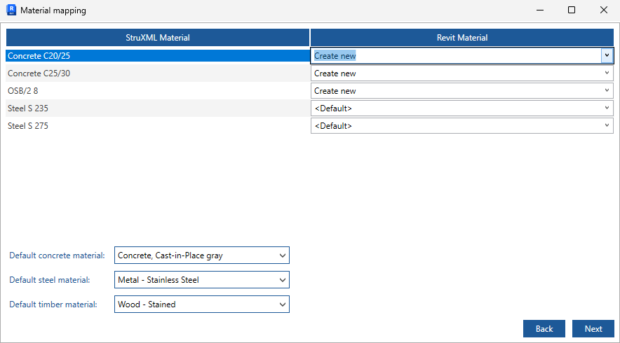 Import StruXML dialog's Material mapping tab in Revit