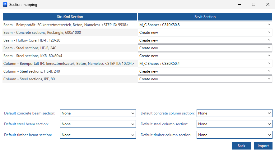 Import StruXML dialog's Section mapping tab in Revit