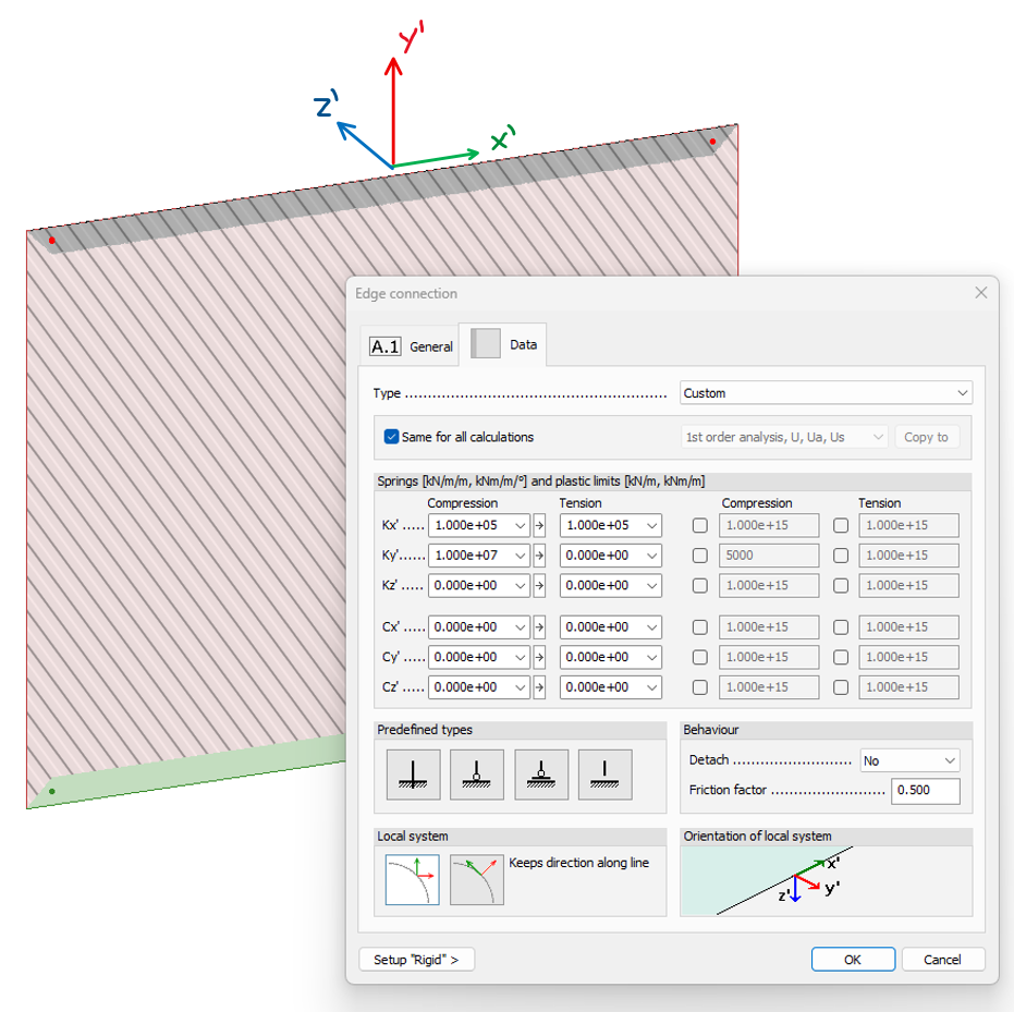 Local axis system on an edge, and the Edge connection dialog with the local system settings
