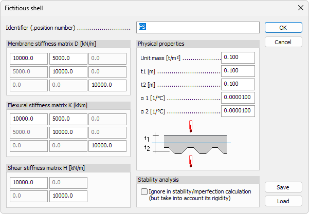 Fictitious shell Default settings dialogue
