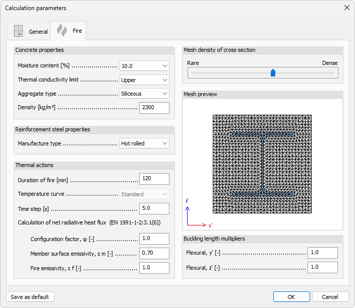 Calculation parameters - Fire tab