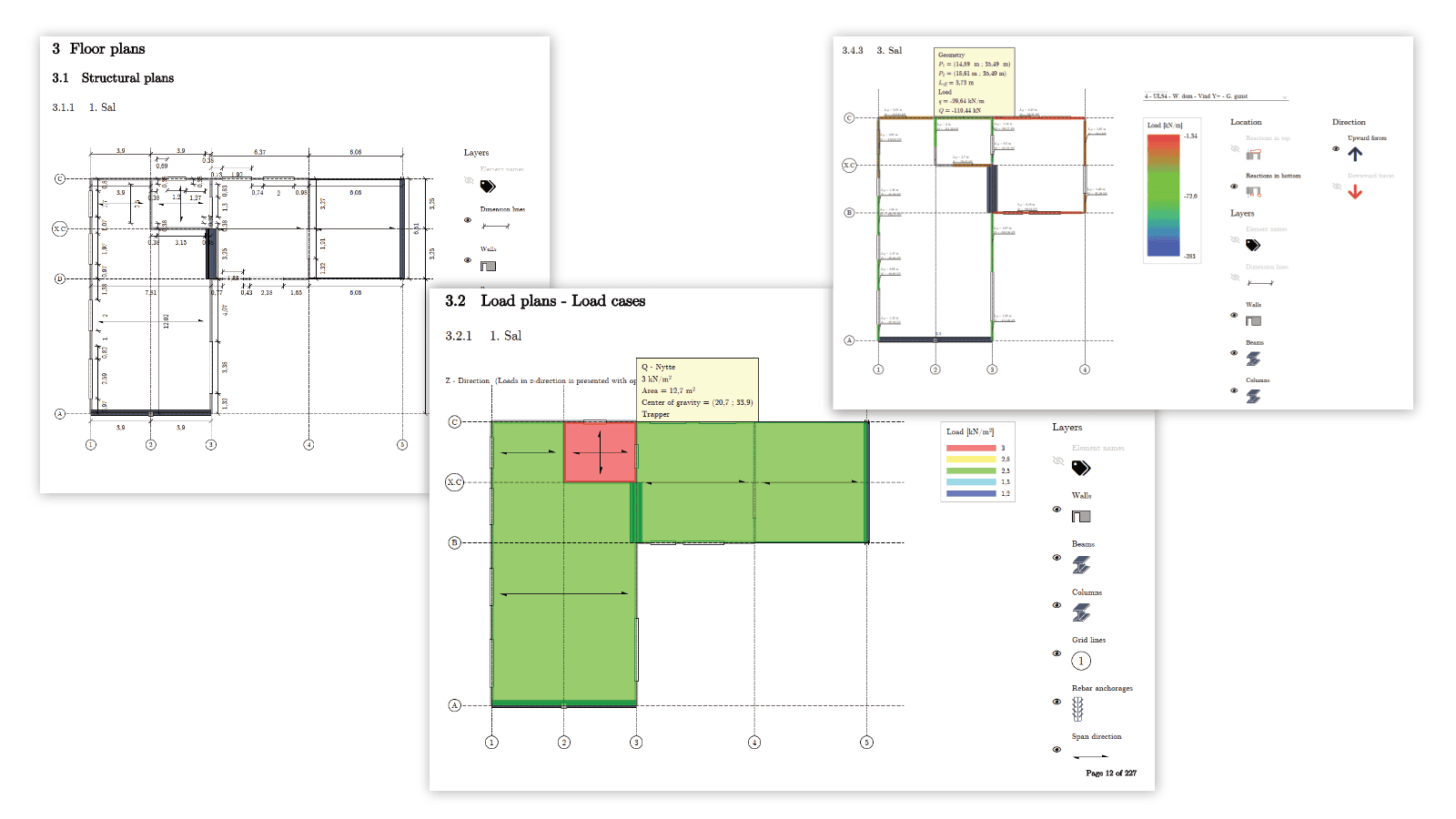 Sample floor plan and load plan pages from a PREFAB PDF report