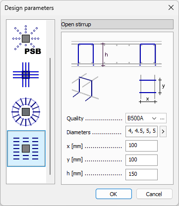 Punching reinforcement open stirrup parameters