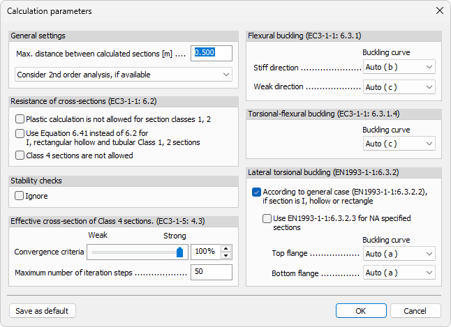 Calculation parameters dialogue for bar elements
