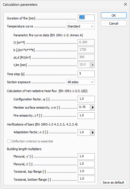 Calculation parameters dialogue for fire design
