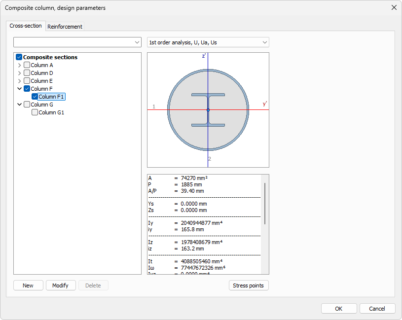 Composite column parameters, cross-section tab