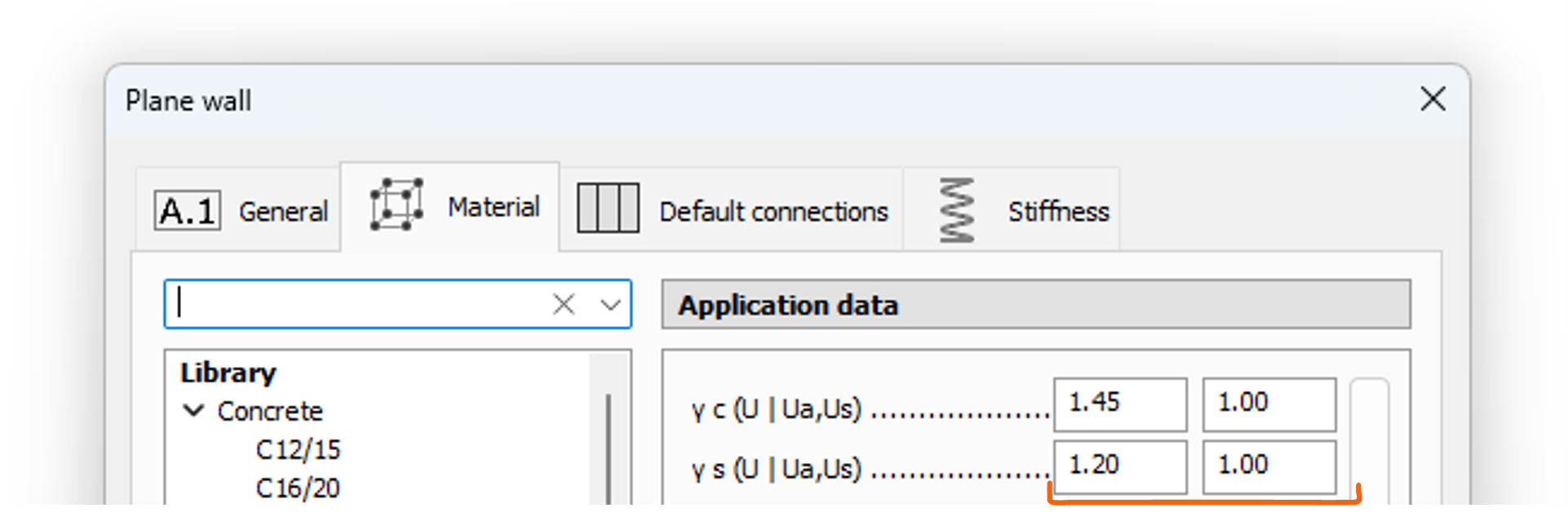 Plane wall Material tab with gamma s highlighted