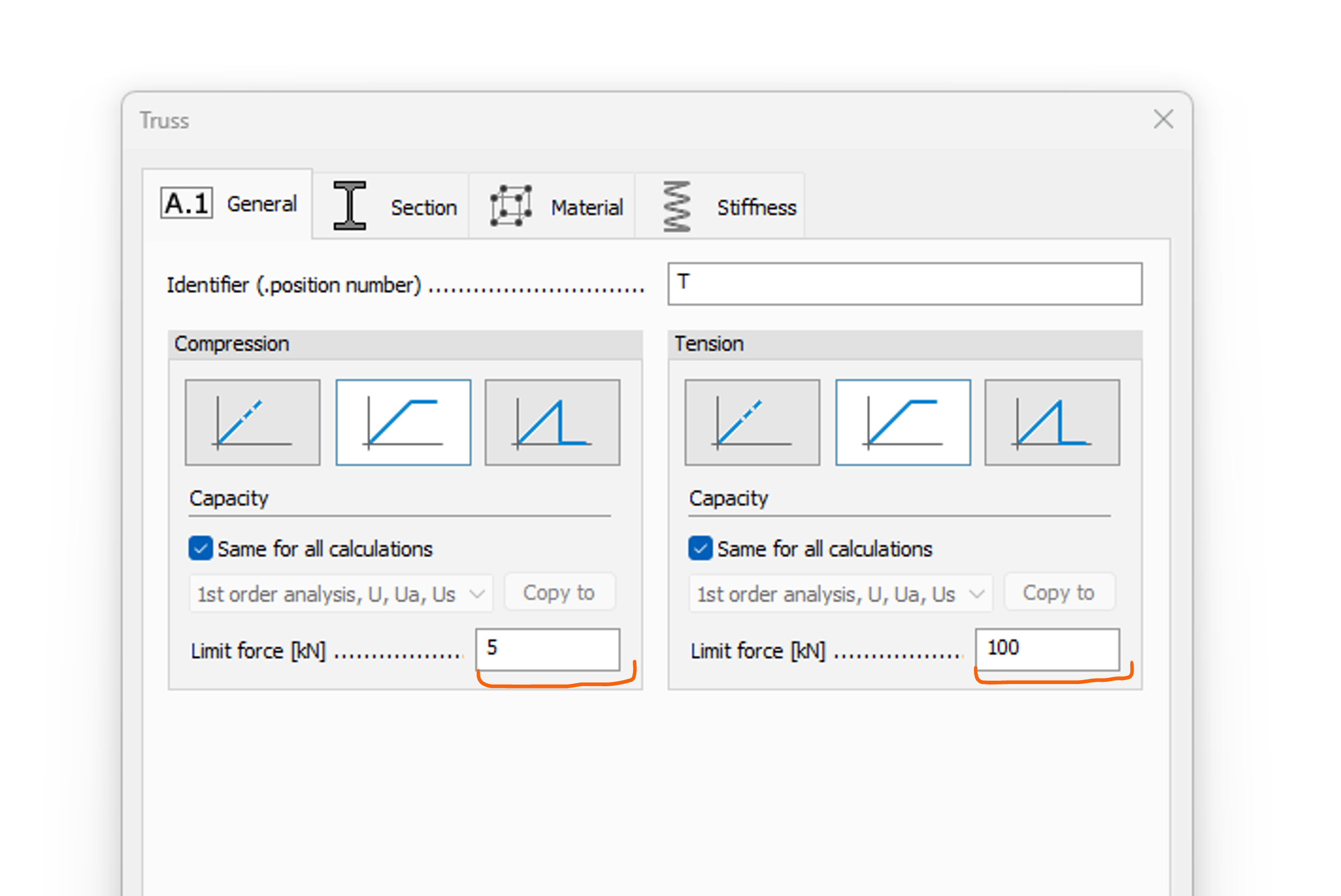 Truss dialog with Compression and Tension limit force
