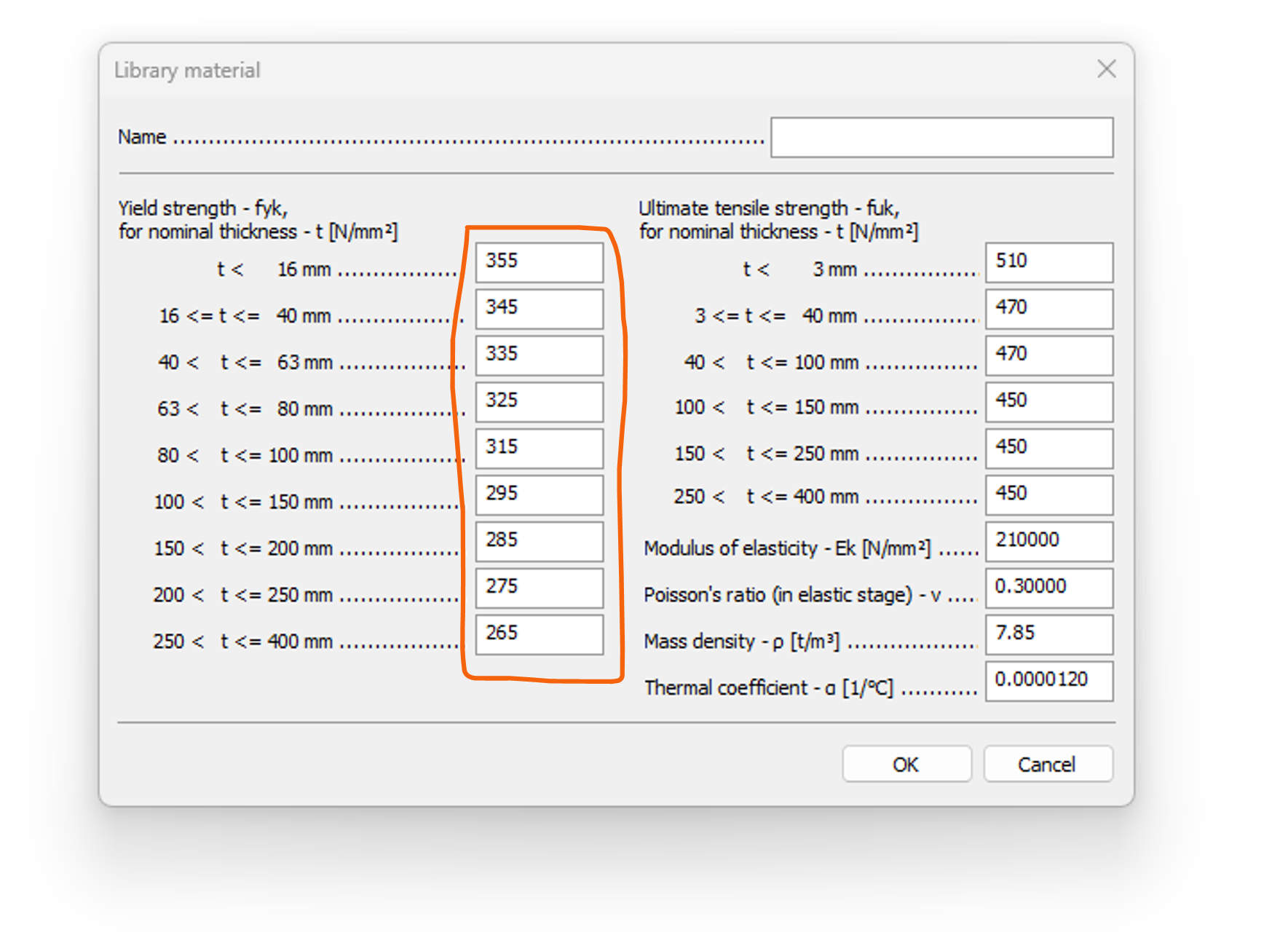 Library material dialog with yield strength fields highlighted