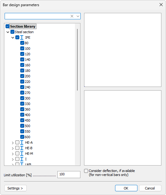 Section selection in parameters dialogue