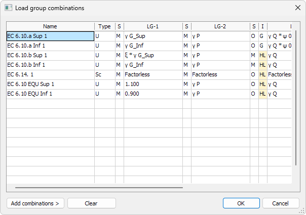 Custom load combinations dialogue window