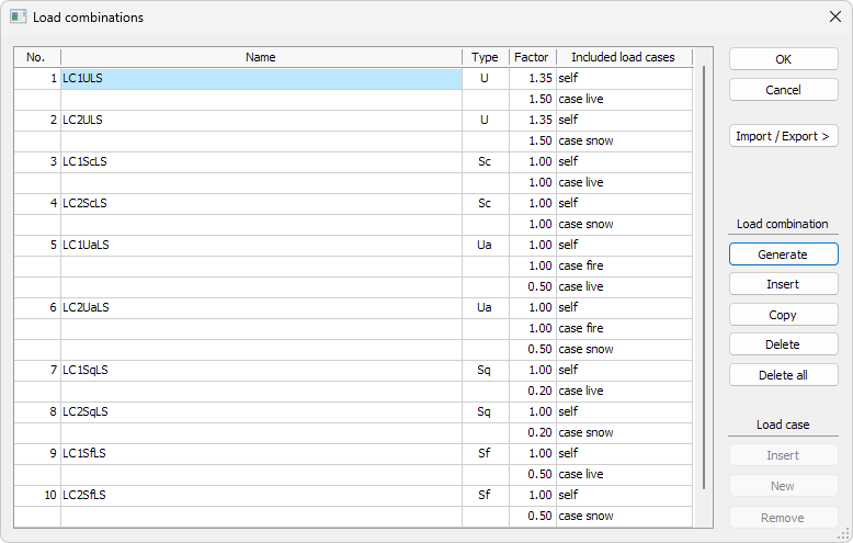 Load combinations dialogue window