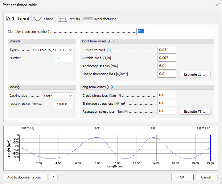 Post-tensioned cable Default settings dialogue General tab