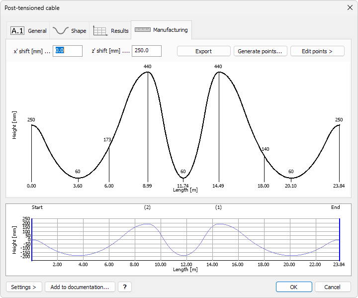 Post-tensioned cable Default settings Manufacturing tab